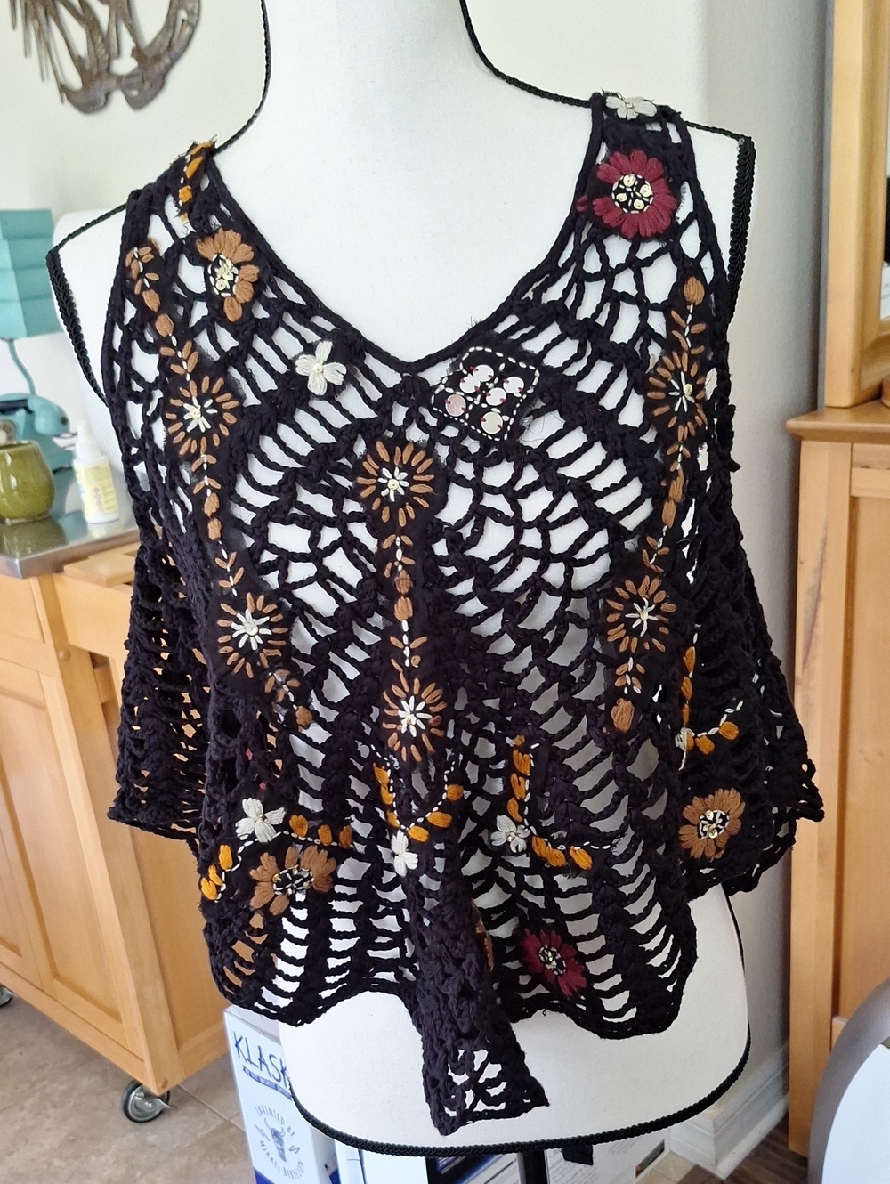 Free People Vintage Crochet Floral Accent Black Women's Top